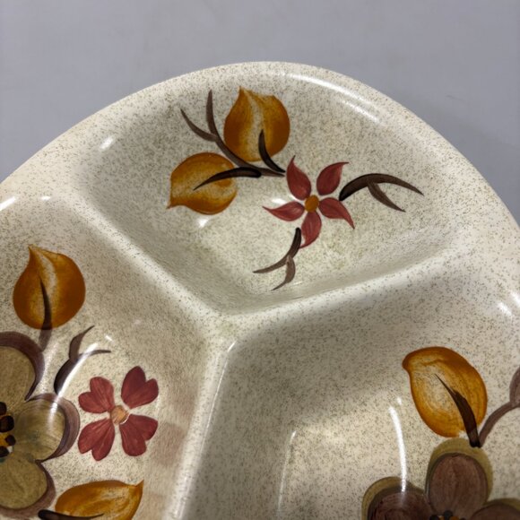 Radford Divided Ceramic Serving Dish 1970s Earth Tone Flowers Handpainted CHIP - Picture 4 of 8